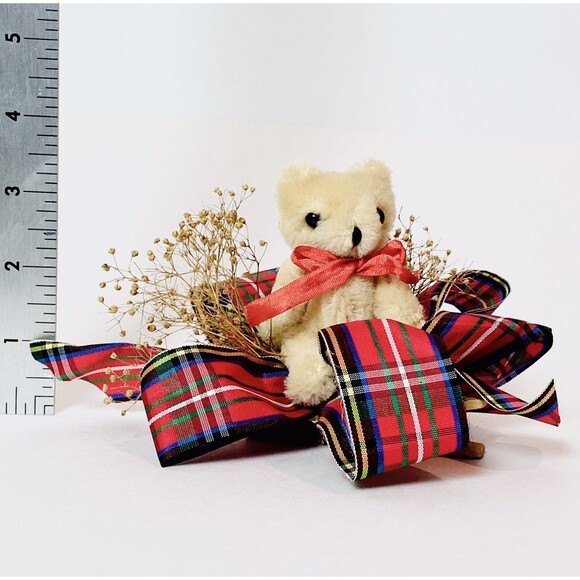 Vintage Handmade Teddy Bear Plush Jointed Tartan Bow Clip-On Christmas Ornament - Picture 3 of 6